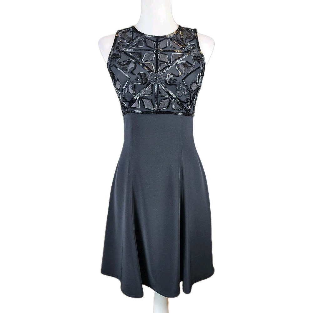 Bzar Beaded Fit‎ Flare Cocktail Dress Womens 4 Black Art Deco After Five Party